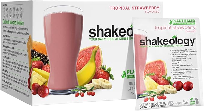 BODi Shakeology Plant-Based Vegan Protein Powder ??Gluten-Free Superfood Shake with Vitamins & Minerals ??Helps Support Healthy Weight Loss & Gut Health, Tropical Strawberry, 14 Individual Packets