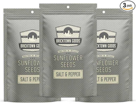 Bricktown Goods Salt and Pepper Flavored Sunflower Seeds - 3 Pack - Boldly Seasoned and Roasted In-Shell Sunflower Seeds - 24 oz Total