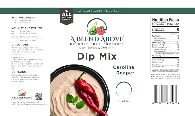 A Blend Above Carolina Reaper Spicy Dip Mix Gourmet Food, 1 oz Packet (3 Pack), Spicy Dip, Gluten-Free, No MSG, All Natural, No Preservatives, Vegetable Dip, Keto Friendly, Low Carb, Easy to Make