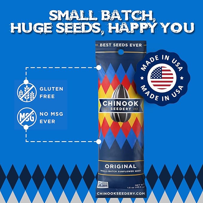 Chinook Seedery Roasted Sunflower Seeds to Eat - 1.5 oz (Pack of 36) Original - Jumbo Low Sodium Sunflower Seeds Keto Snacks - Adventure, Baseball, School Snacks - Gluten Free, Non GMO Snacks