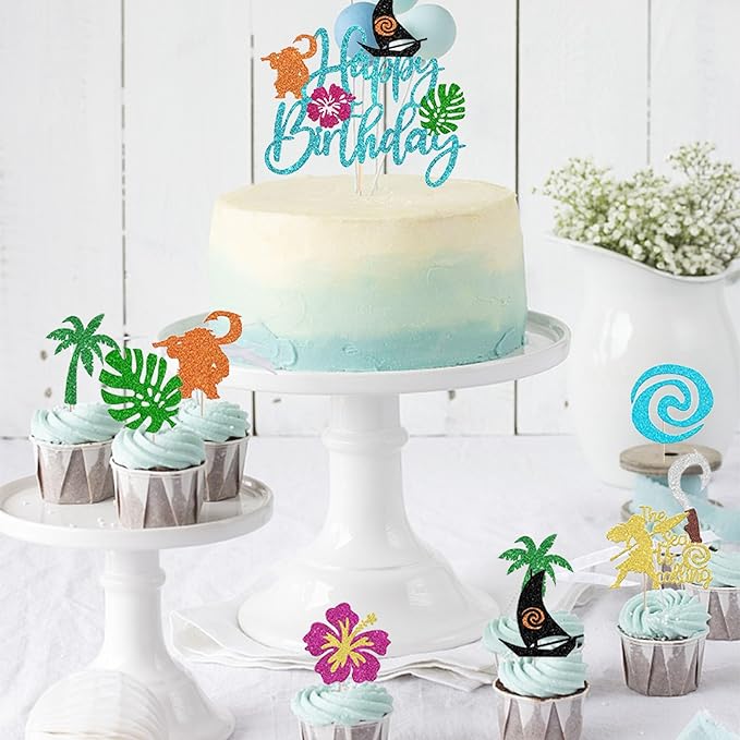 25 Pack Moana Cake Toppers Glitter Palm Leaf Moana Cake Picks The Sea is Calling Hawaiian Tropical Cupcake Decorations for Luau Summer Baby Shower Birthday Party Supplies Blue