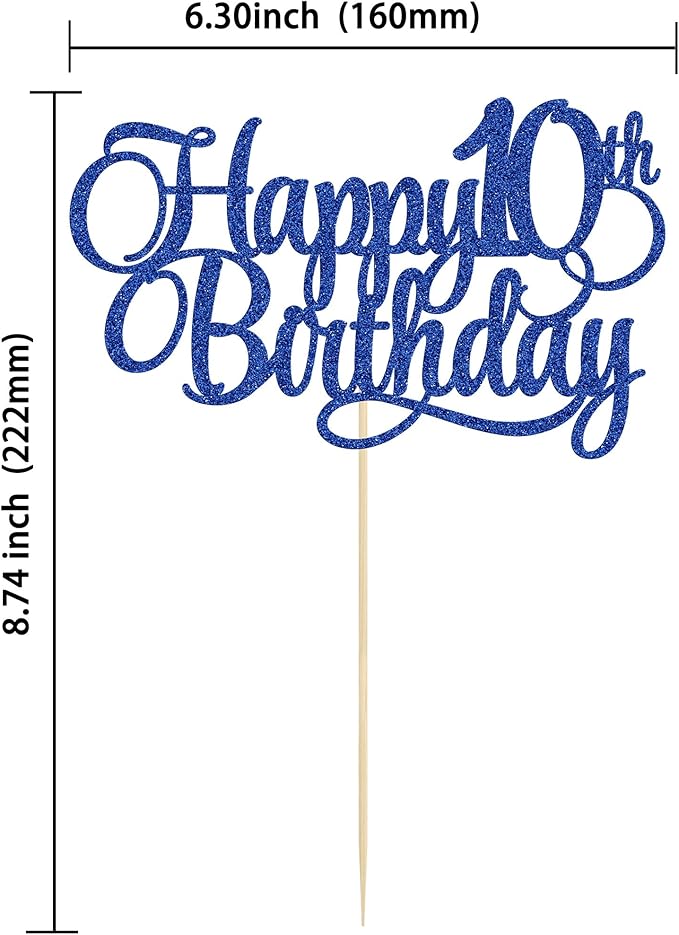 1 Pack Happy 10th Birthday Cake Topper Glitter Number 10 Ten Years Old Birthday Cake Pick Decoration for Celebrating 10th Birthday Anniversary Party Supplies Blue