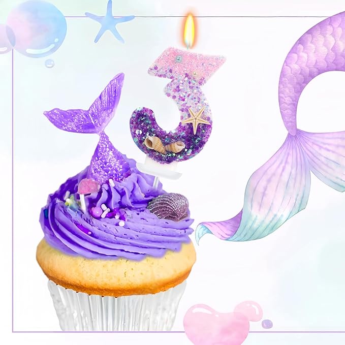 Purple Mermaid Party Number 3 Cake Candles, 2.76 inch Birthday Candle, Cake Topper Decoration for Birthday Party (Number 3)
