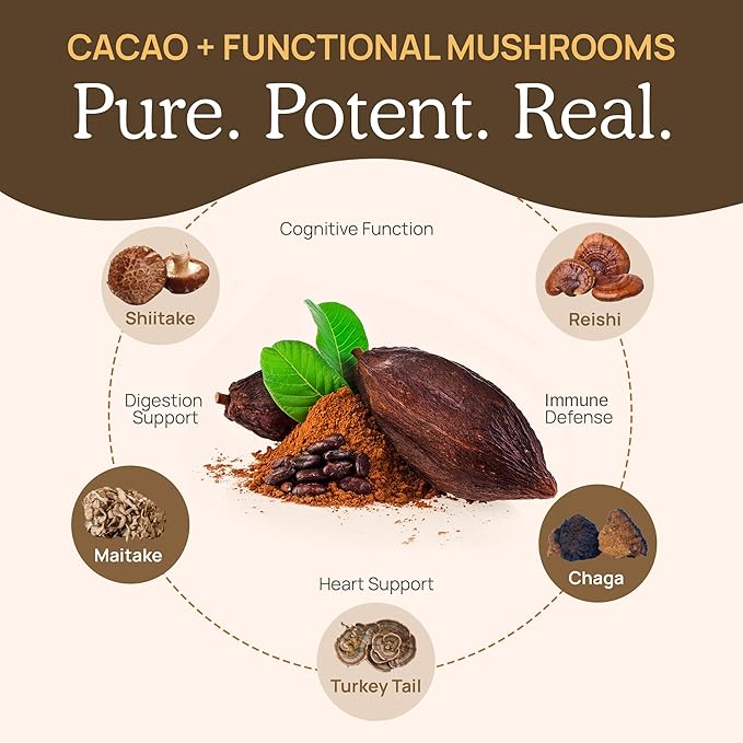 Real Mushrooms Unsweetened Hot Chocolate Mix with 5 Defenders ??Reishi, Chaga, Turkey Tail, Maitake, Shiitake ??Coco Powdered Unsweetened ??Organic Cacao Powder Supplement, Vegan, 15 Servings