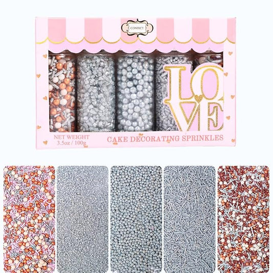 Confect Edible Cake Sprinkles Mix ??Silver, Bronze & White Pearls, Silver Jimmies, Sparkling Sugar ??Dessert Toppings for Cakes, Cupcakes, Cookies & Baking Decoration | Vegan, Gluten-Free, Nut-Free, Soy-Free, Dairy-Free, Palm Oil-Free- 5 Oz