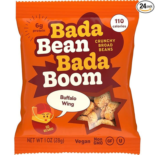 Enlightened Bada Bean Bada Boom - Plant-Based Protein, Gluten Free, Vegan, Crunchy Roasted Broad (Fava) Bean Snacks, 110 Calories per Serving, Buffalo Wing, 1 Ounce (Pack of 24)