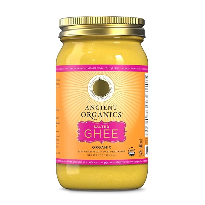 Ancient Organics Salted Ghee, Organic Grass Fed Gluten Free Clarified Salted Ghee Butter with Vitamins & Omegas, Lactose Reduced, 100% Certified Organic, Kosher, Made in USA, 16 Fl Oz