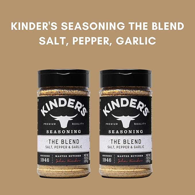 Kinders The Blend Seasonings Bundle - Two XL 10.5-ounce Bottles + 10 Recipe Ideas + Fridge Decal, Great for Grilling Meats & More (Garlic Salt, Pepper, No MSG) from FOXTAIL COLLECTIVE. Gluten-Free & Non-GMO