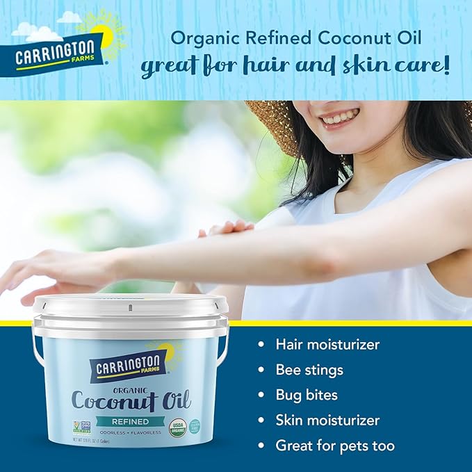 Carrington Farms Organic Refined Coconut Oil, 1 Gallon, Cold-Pressed, Non-GMO, Gluten-Free, Perfect for Cooking, Baking, Skin Care, Hair Oil, MCTs, 128 fl oz ??Nutrient-Rich, No Trans Fats