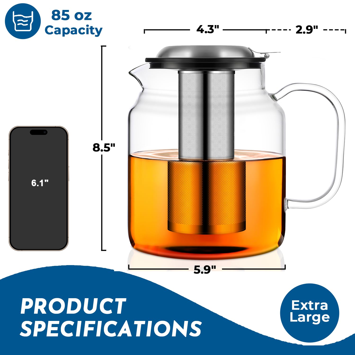 Aquach 85oz Glass Teapot with Infuser, Stovetop Safe Borosilicate Tea Pot