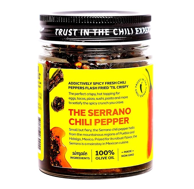 Don Chilio Medium Heat Serrano Mexican Chile Crisp, 5 oz. ??Crunchy Sliced Serrano Fried Chili Peppers in Hot Seasoned 100% Olive Oil ??Keto-Friendly, Vegan, Gluten Free