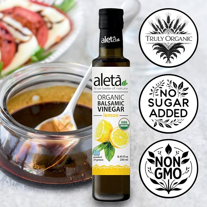 Aleta Farms Balsamic Vinegar, Premium Quality Lemon Infused Balsamic Glaze, USDA Organic, Perfect for Salad Dressings, Pasta, Desserts & Finishing Touches, Made in Greece, 8.45 fl oz (Lemon)