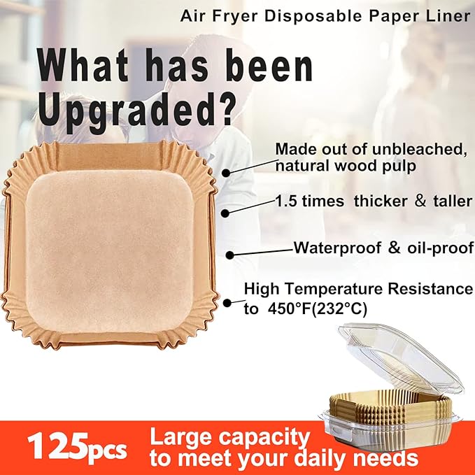 Air Fryer Liners Disposable 9 Inch, 9 inch Air Fryer Liners 125 Pcs Large Square Air Fryer Paper Liners for 5QT 6qt 8QT Air Fryer, Non-stick Parchment Paper for Frying, Baking