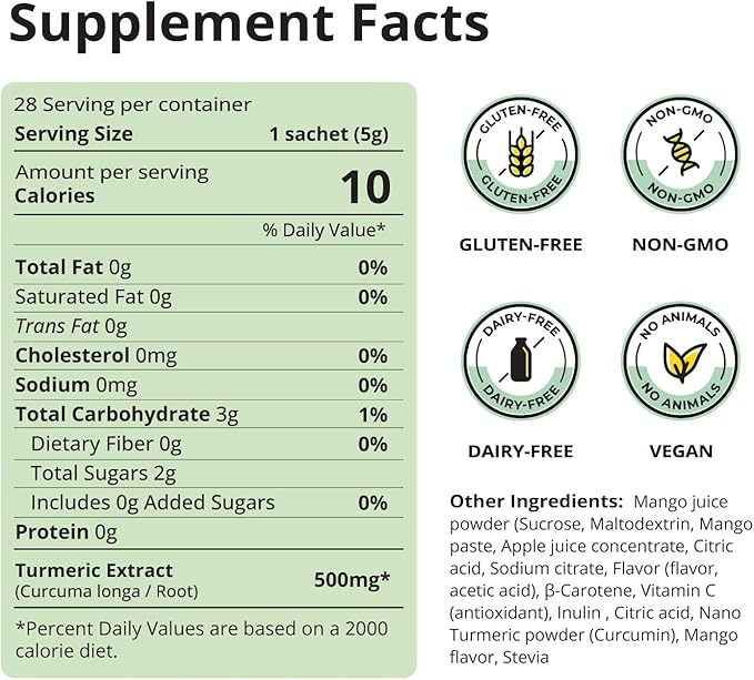 Nano Turmeric Curcumin Drink Powder, Golden Juice for Wellness & Immunity, No Turmeric Taste, Add to Smoothies/Water Daily Morning Routine??5X Absorption?밠ango Flavor?밓oint Support Supplement