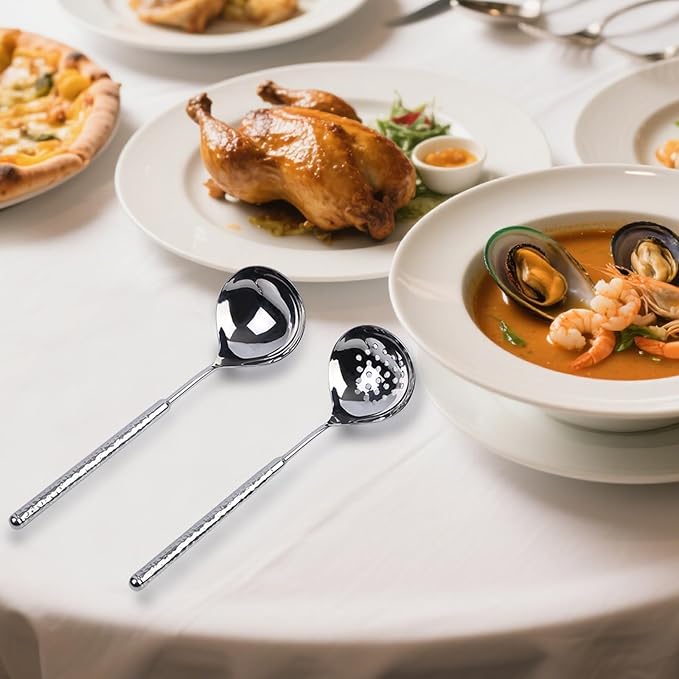 18/8 Stainless Steel Slotted Serving Spoon, 9.4" Metal Kitchen Strainer Spoon for Hot Pot, Pasta, Vegetables, Dishwasher Safe, Hammered Design with Round Handle