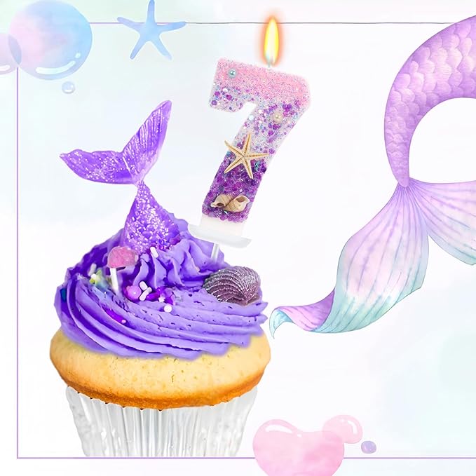 Purple Mermaid Party Number 7 Cake Candles, 2.76 inch Birthday Candle, Cake Topper Decoration for Birthday Party (Number 7)