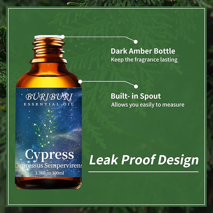 BURIBURI 100ML Cypress Essential Oil, 100% Pure Undiluted Aromatherapy Cypress Oil 3.38fl.oz for Soap, Candle Making, Massage, Diffuser, Humidifier