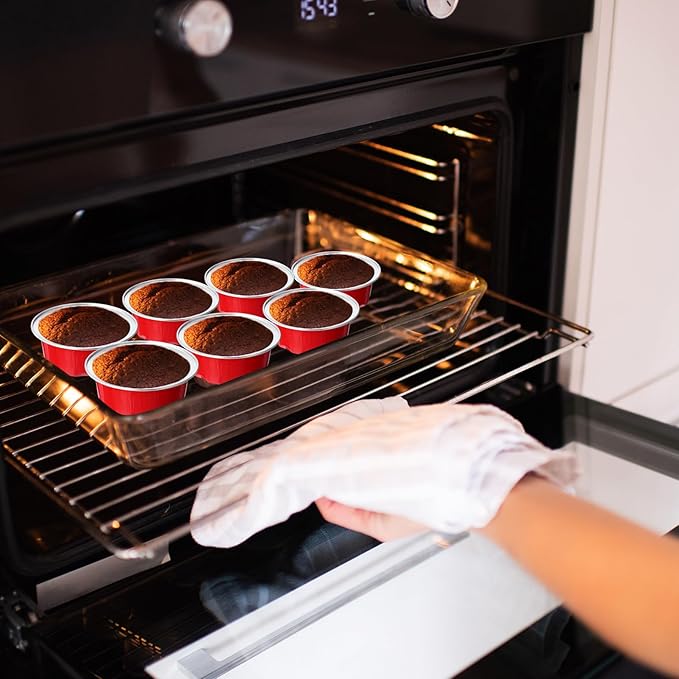 Eaasty 150 Pcs Baking Cups with Lids, 1.6 oz Muffin Cupcake Liners Aluminum Foil Mini Cake Pans Small Disposable Ramekins Flan Containers with Lids for Christmas, Birthday, Various Holiday(Red)