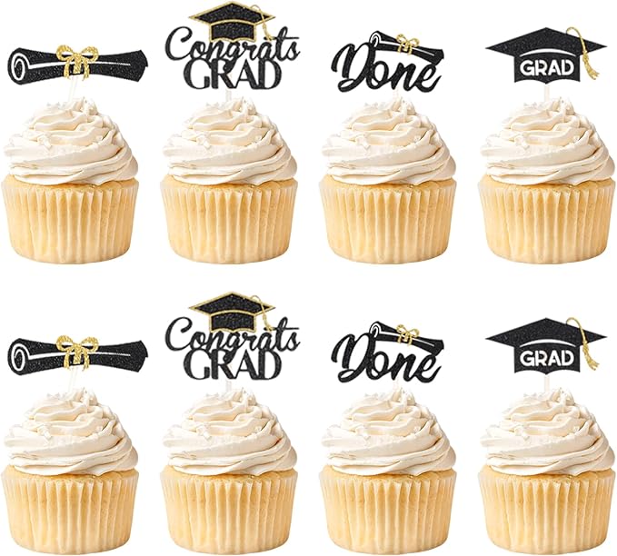 25Pcs Graduation 2024 Cake Topper Glitter Class of 2024 Cupcake Toppers 2024 High School University College Graduation Party Cake Decorations Supplies, Black and Gold