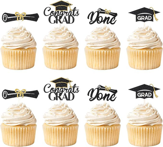 25Pcs Graduation 2024 Cake Topper Glitter Class of 2024 Cupcake Toppers 2024 High School University College Graduation Party Cake Decorations Supplies, Black and Gold