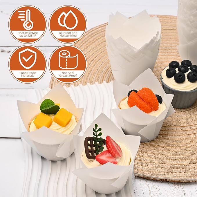 200pcs White Tulip Cupcake Liners for Baking Cups, Premium Parchment paper Tulip Muffin Liners, Greaseproof Cupcake Wrapper for Party, Christmas by JIRNGLA