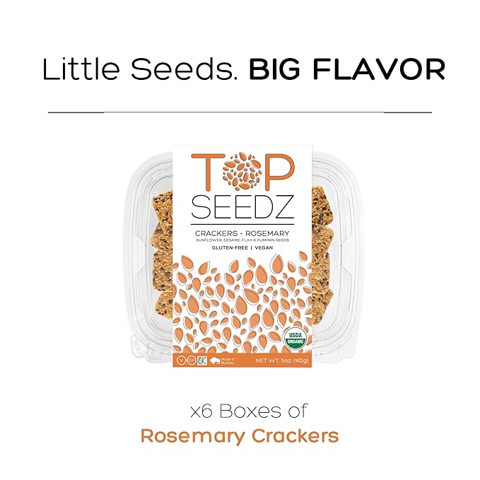 Top Seedz Certified Organic Gluten Free Rosemary Seed Crackers | 6-Pack | 5 Ounces | Healthy Vegan Crackers with Plant Based Protein | Made of Sunflower, Flax, Sesame and Pumpkin Seed