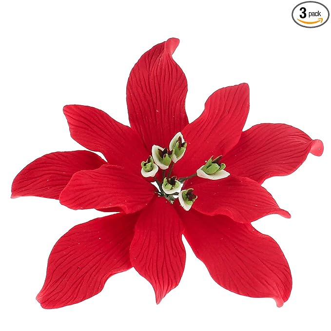 Global Sugar Art Poinsettia Fancy Sugar Cake Flowers, Red, Small, 3 Count by Chef Alan Tetreault. Perfect for Christmas Cake Decorations, Yule Logs, Gingerbread Houses, and more.