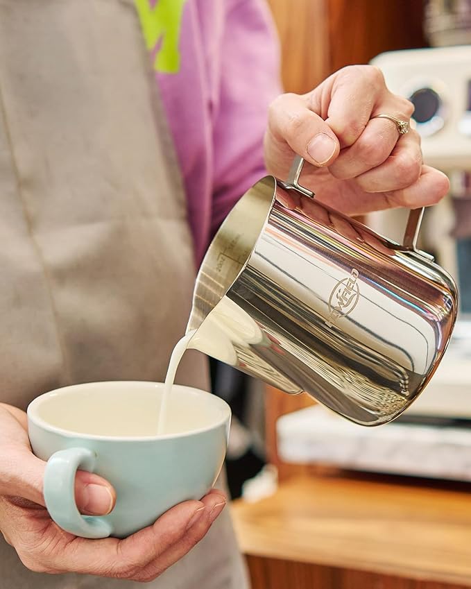 Milk Frothing Pitcher 32 Oz, Milk Frother Cup 304 Stainless Steel Steaming Jug with Clear Scale and Latte Art Pen, Barista Tools for Espresso, Cappuccino, Coffee Machine Accessories (900ml)