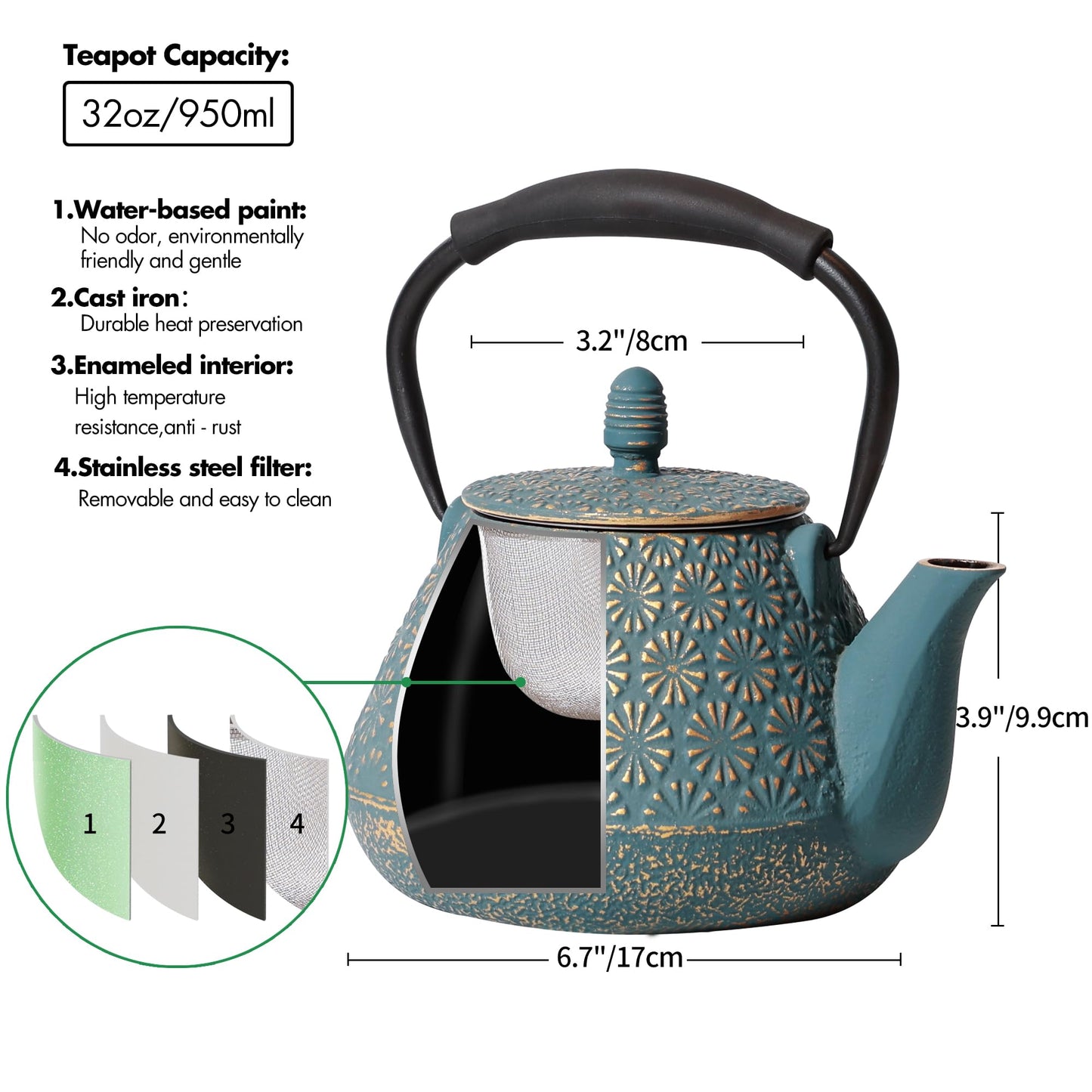 MILVBUSISS Cast Iron Teapot, 32oz Japanese Sakura Blossom Pattern Tea Kettle, Stovetop Safe
