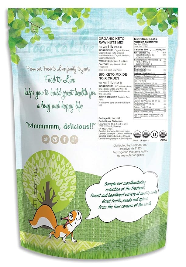 Food to Live Organic Keto Raw Nuts Mix, 1 Pound ??Snack Contains Non-GMO Brazil Nuts, Pecans, Walnuts, Hazelnuts & Macadamia Nuts, Low Carb Vegan Superfood, Kosher, Non-Irradiated, No Added Sugar