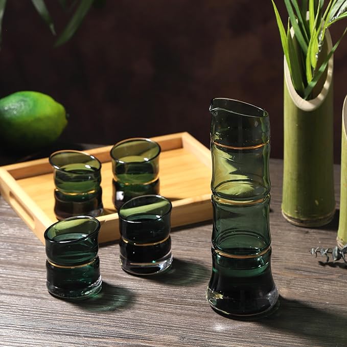 DUJUST Japanese Sake Set for 4, Bamboo Design in Golden Trim, 1 Sake Bottle, 1 Wooden Sake Tray, and 4 Sake Cups, Cold/Warm/Hot Sake Carafe, Special Japanese Gifts Set - 6 pcs (Gradient Green)