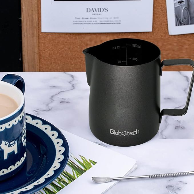 Milk Frothing Pitcher Steaming Cup - Espresso Machine Accessories Stainless Steel Frother Pitcher Latte Art Cappuccino Coffee 12 Oz Black 350ml