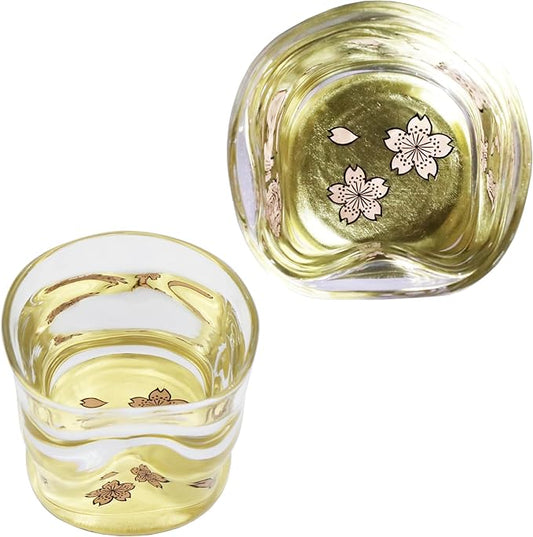 Kasyou Studio Cherry Blossoms sake cup (Natural curl shape) Glass (Kanazawa Gold Foil, Gift Box), made in Japan, japanese sake cup soju glass luxury golden glasses Vaso de Sake Japonés