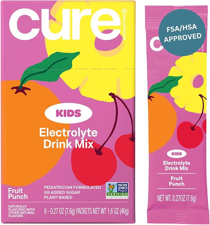 Cure Hydration - Kids Electrolyte Drink Mix | Plant-Based Pediatrician Formulated Rehydration | No Added Sugar, FSA-HSA, Non-GMO, Gluten-Free, No Artificial Flavors | Box of 6 Packets - Fruit Punch