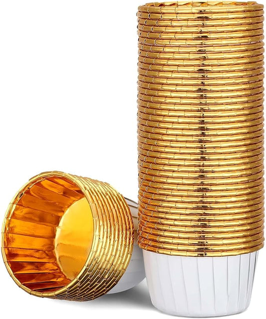 EUSOAR Baking Cups, 50pcs 3.5oz Disposable Ramekins Muffin Cupcake Liners, Dessert Paper Cupcake Liners Aluminum Foil Wrappers Mini Cheesecakes Cups Holders for Birthday Wedding Party-White/Gold