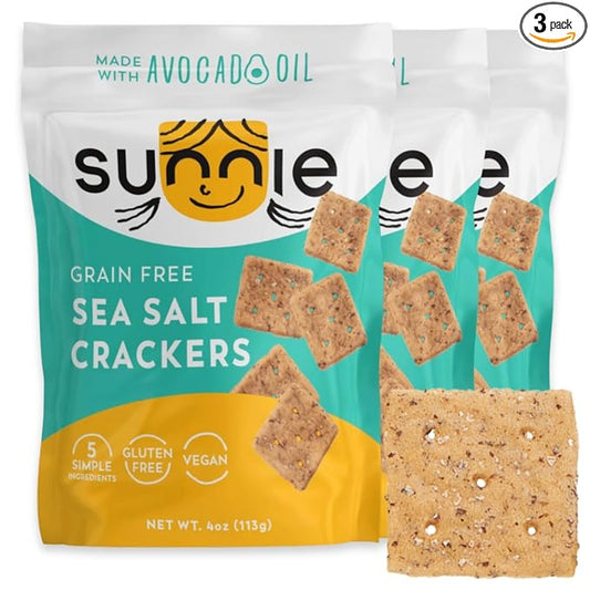 Sunnie Gluten Free Crackers - Healthy Grain Free Sea Salt Crackers, Snacks for Kids & Adults, Made with Avocado Oil, Only 5 Ingredients, Vegan Snack, Low Calorie (3 oz - Pack of 3)
