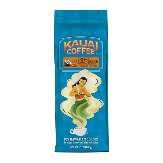 Kauai Coffee Ground Coffee ??Smooth, Rich, Medium Roast ??Nutty Caramel and Tropical Coconut ??Arabica Coffee, 10% Hawaiian with No Bitterness ??Coconut Caramel Crunch, 1 Pack of 10oz