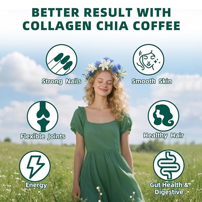 20X Collagen Chia Coffee, 11 in 1 Shape Coffee Mix with Collagen & Chia Seeds, Goji Berry, Supports Hair, Skin & Nails, Boost Beauty & Energy, Sugar Free, Vegan, Gluten-Free, 30 Servings