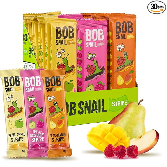 BOB SNAIL Healthy Organic Fruit Snacks for Kids and Adults ??30 Organic Fruit Leather Snacks with Pear-Apple, Raspberry, Mango ??Vegan Low-Carb Variety Pack Strips for Kids ??Sugar Free Jerky Bars