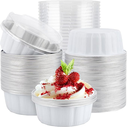 EUSOAR Deli Containers with Lids, 100pcs 9oz White Foil Cupcake Liners for Baking, Disposable Ramekins Pie Cupcakes Bread Pudding Loaf Round Holders Aluminum Pans for Wedding Birthday Theme Party