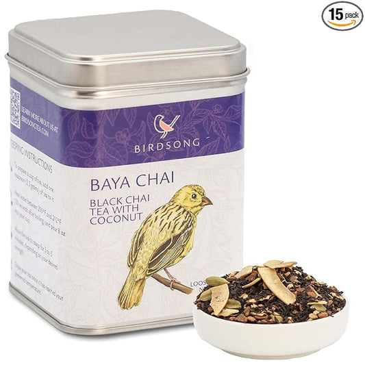Birdsong Baya Chai- Organic Black Tea with Coconut, Citrus and Nutty Notes, Healthy English Breakfast Assam Tea with 100% Natural Sweetness and Caffeine, 15 Non-GMO Plant-Based Pyramid Tea Bags