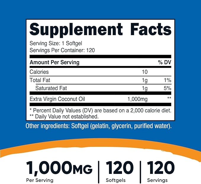 Nutricost Coconut Oil Softgels (1000mg) 120 Softgels - Extra Virgin Coconut Oil - Gluten Free and Non-GMO