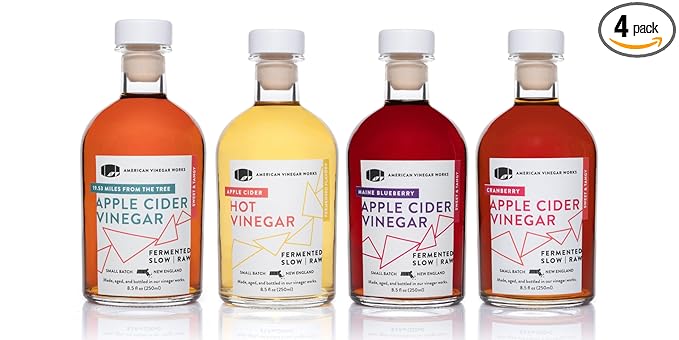 American Vinegar Works - Cider Lovers Vinegar - Includes Apple, Cranberry Apple, Hot Apple, and Wild Blueberry Vinegars Packed in a Custom Box - Great for Gifts - 8.5 oz Bottles - 4 Pack