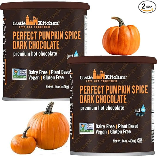 Castle Kitchen Pumpkin Spice Hot Chocolate (2 Pack,14 oz Ea.) - Dairy Free, Vegan Hot Cocoa Mix made With Decadent Dark Chocolate and Natural Flavors - Just Add Water - No Artificial Sweeteners