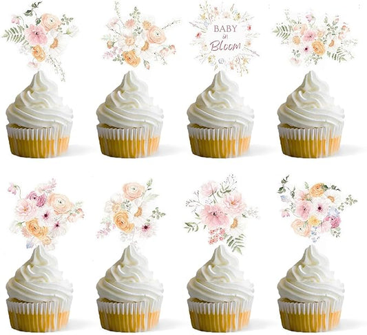 Wildflower Baby in Bloom Cupcake Toppers, Floral Cupcake Toppers for Birthday Party Baby Shower Decorations Supplies.(48PCS)
