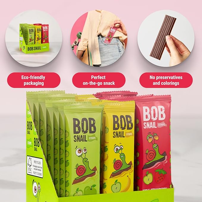 BOB SNAIL Healthy Organic Fruit Snacks for Kids and Adults ??30 Organic Fruit Leather Snacks with Apple, Banana, Strawberry ??Vegan Low-Carb Variety Pack Strips for Kids ??Sugar Free Jerky Bars