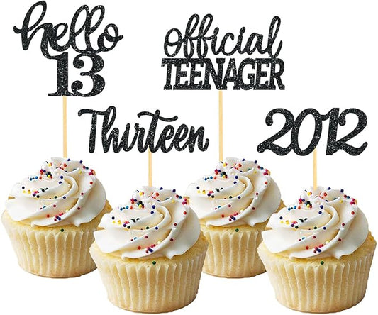 24Pcs Glitter 13th Birthday Cupcake Toppers, Hello 13th Birthday Cake Topper- 13th Birthday Decorations for Celebrating Official Teenager Thirteen Years Old Birthday Party Supplies (Black)