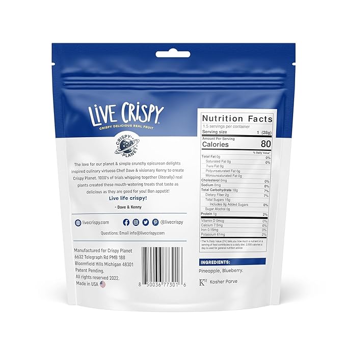 Live Crispy Fruit Chips - Pineapple-Powered Snack Packed with 100% Natural Fruit - Antioxidant-Rich, Vitamin-Packed (Blueberry/Pineapple) 2 Pack