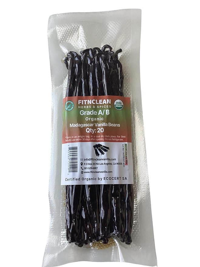 20 Organic Madagascar Vanilla Beans Grade A/B. Certified USDA Organic for Extract and Everything Vanilla| 5"-7" Bulk Fresh Whole NON-GMO Bourbon Pods by FITNCLEAN VANILLA.