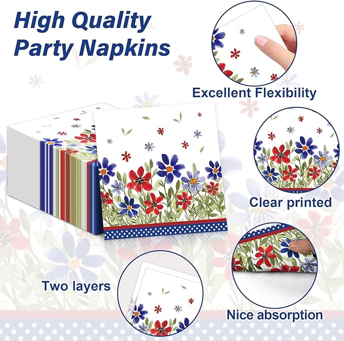 96Pcs American Memorial Patriotic Plates and Napkins Independence Day Party Decorations 4th of July Poppy Flower Dessert Plates Patriotic Tableware for 24 Guests Labor Veterans Days Party Supplies